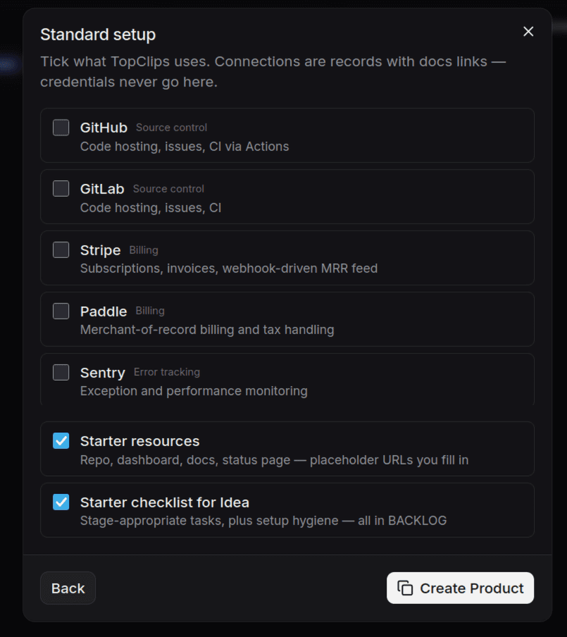 Add Product wizard standard setup step with checkboxes for connections, starter resources, and a starter checklist