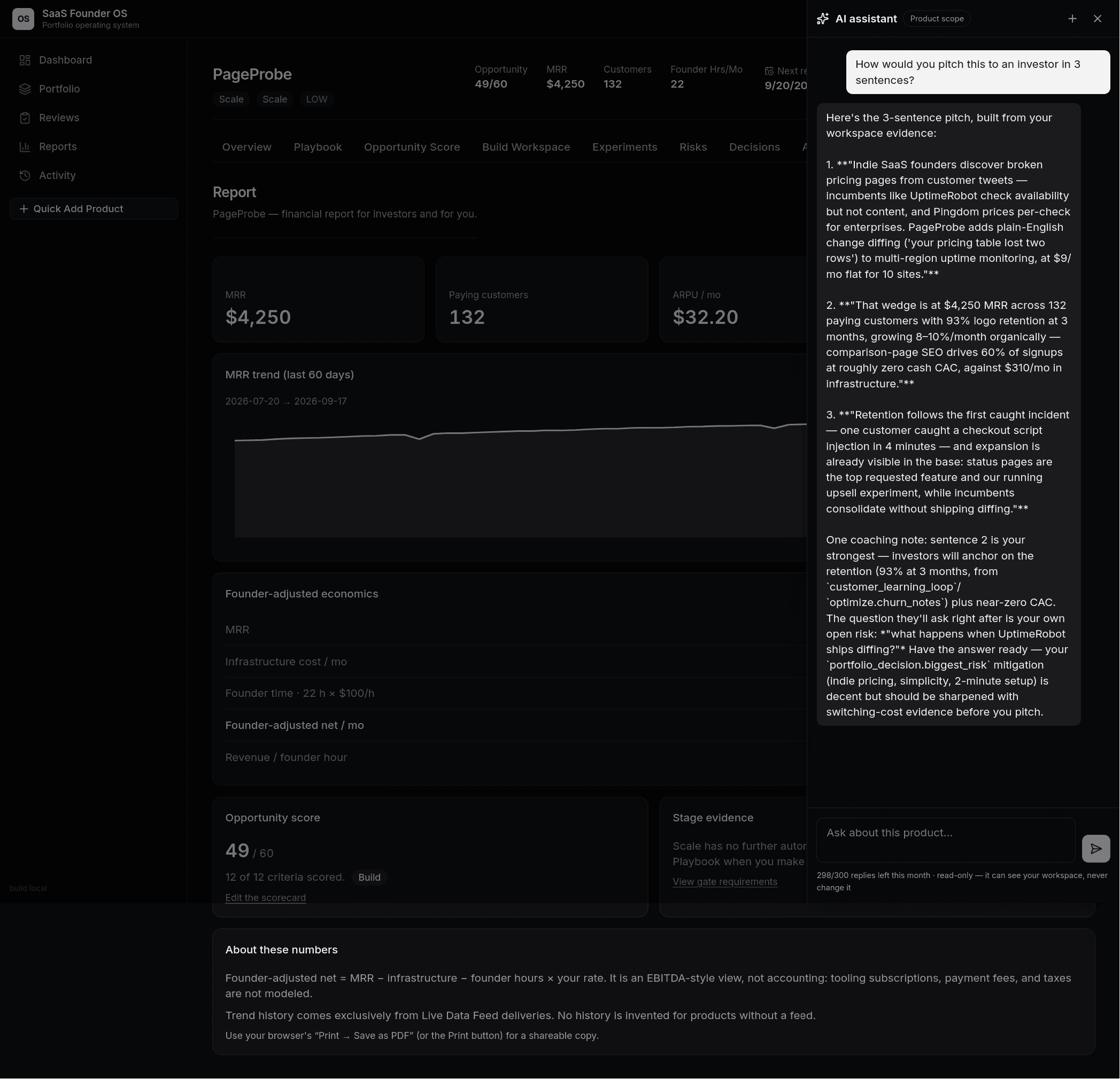 AI assistant dock open over a product report, answering an investor-pitch question with evidence from the workspace