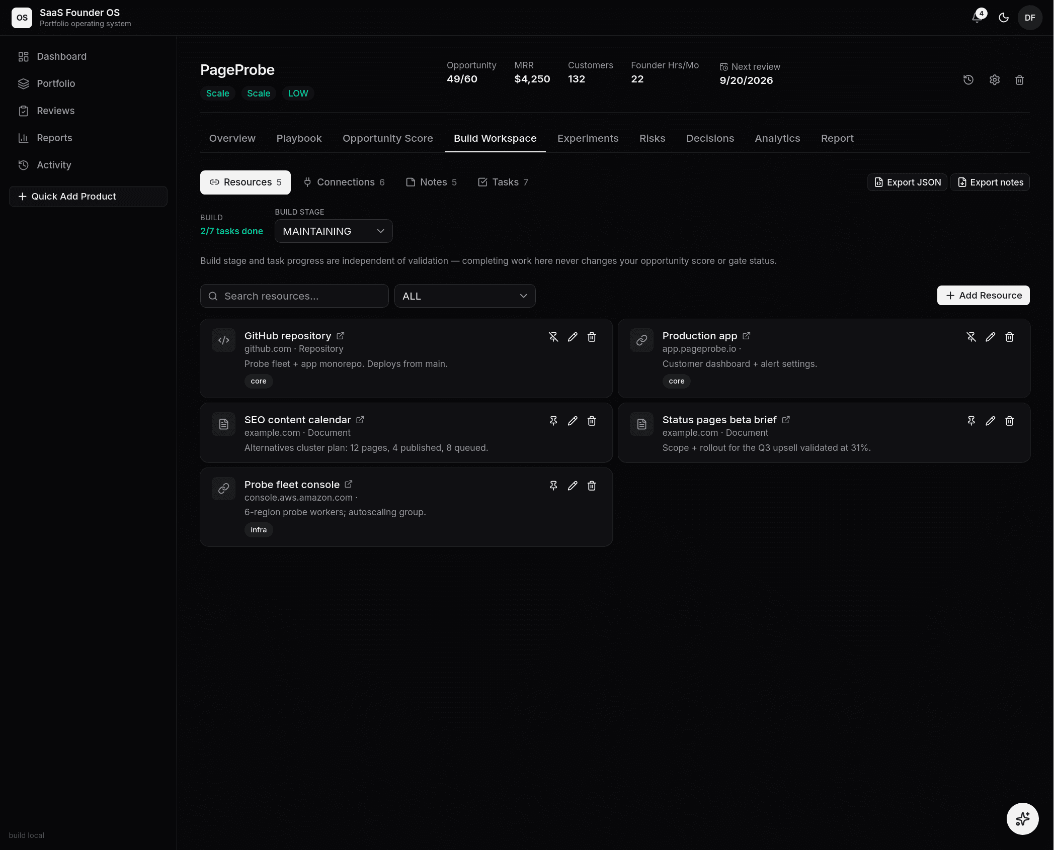 The Build workspace: resources tab with build stage and task progress