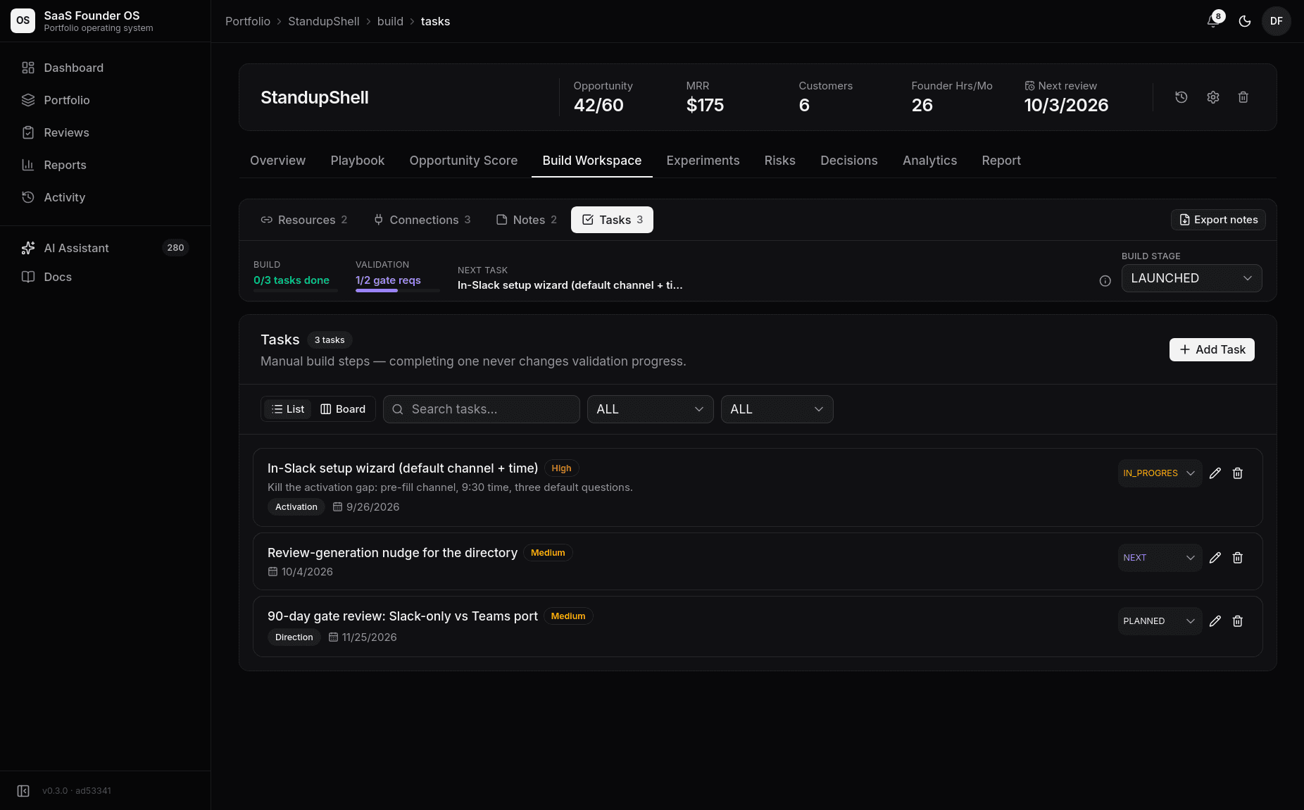 The Build Workspace: tasks, checklist, and playbook work in one view