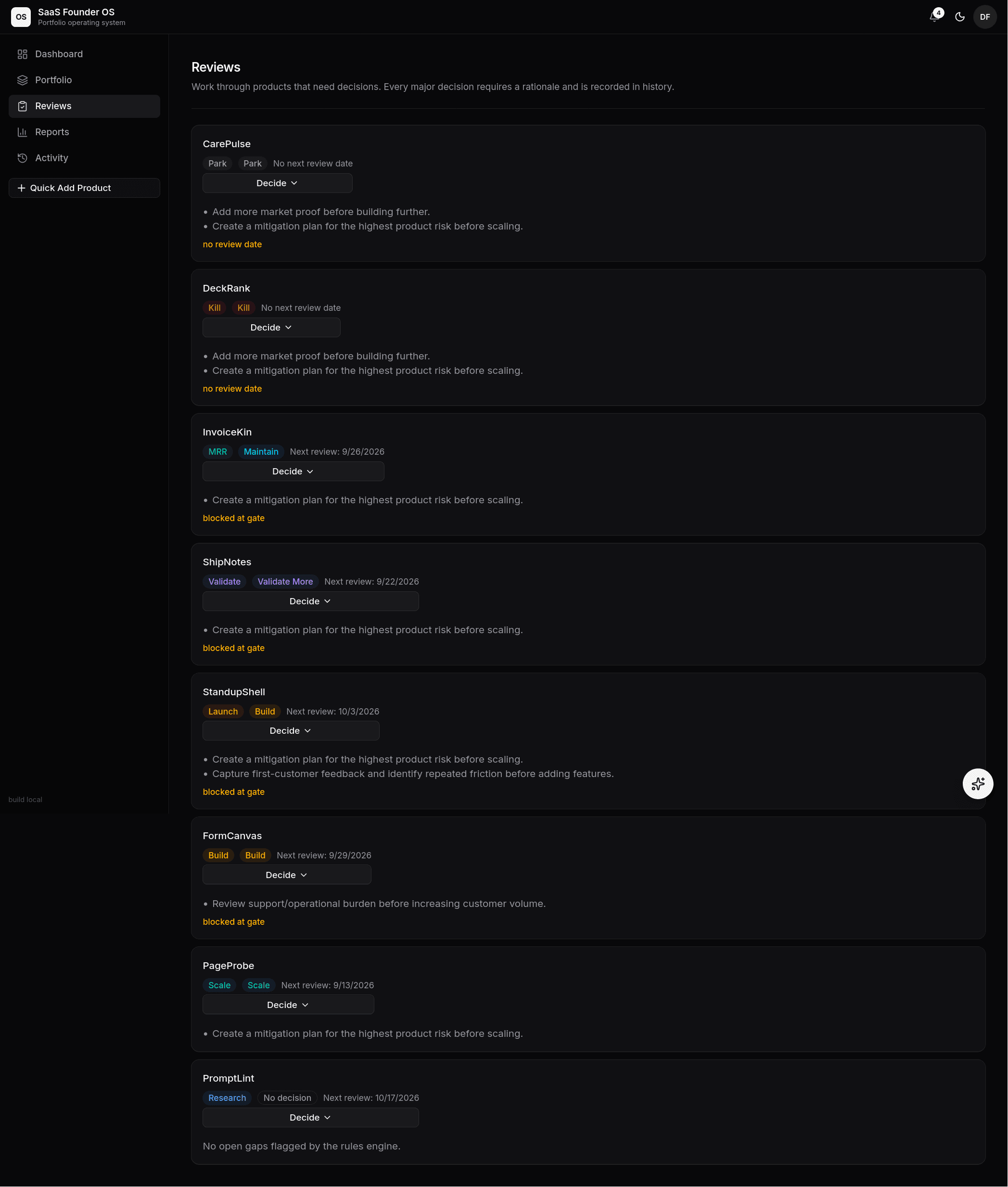 The Reviews queue: products that need decisions, with recommendations and the reasons behind them