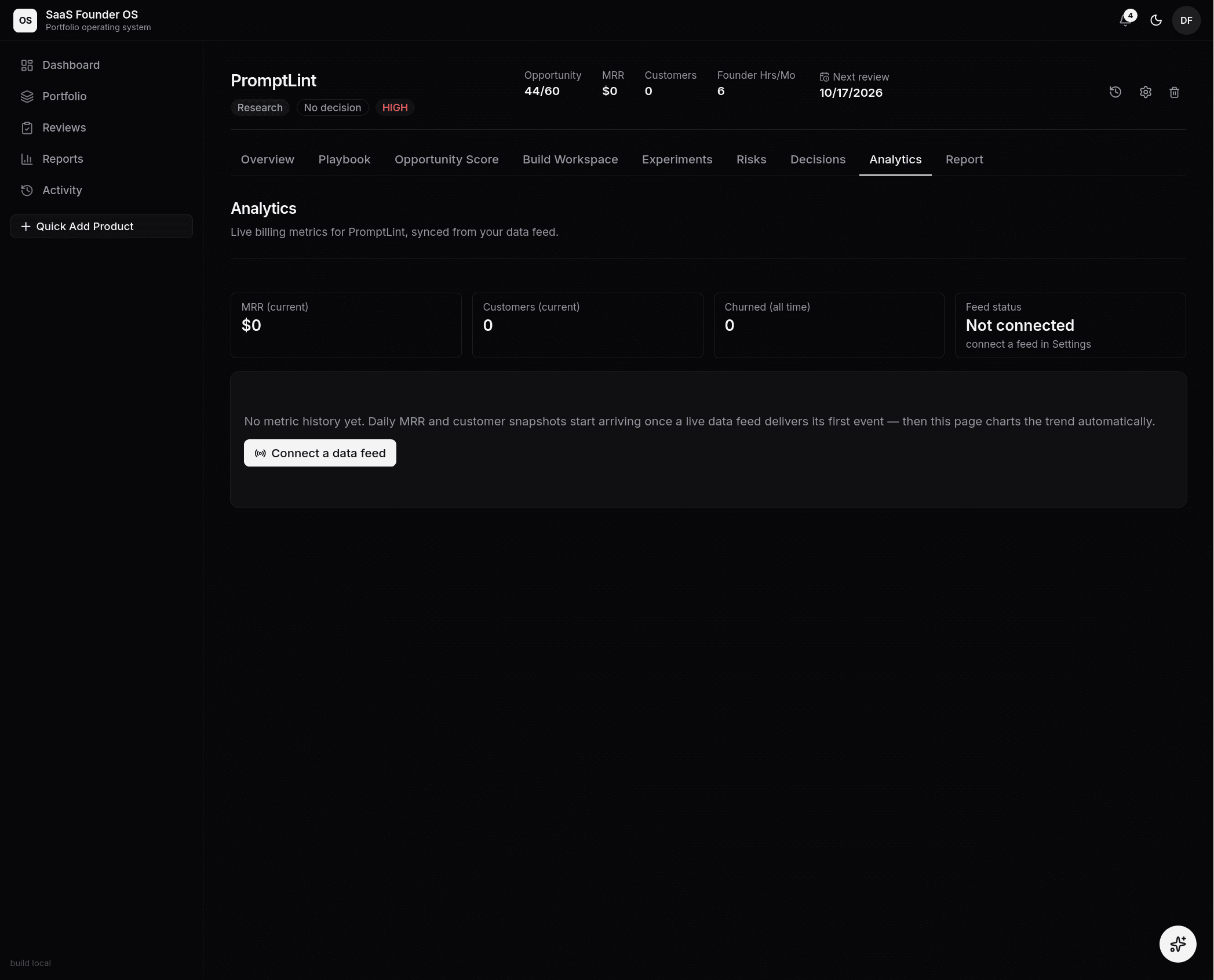 Analytics tab of a product without a feed: zeroed KPIs, feed status Not connected, and an empty state pointing at Connect a data feed