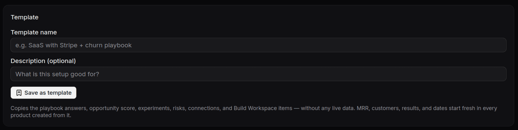 Save as template card in product settings with name and description fields