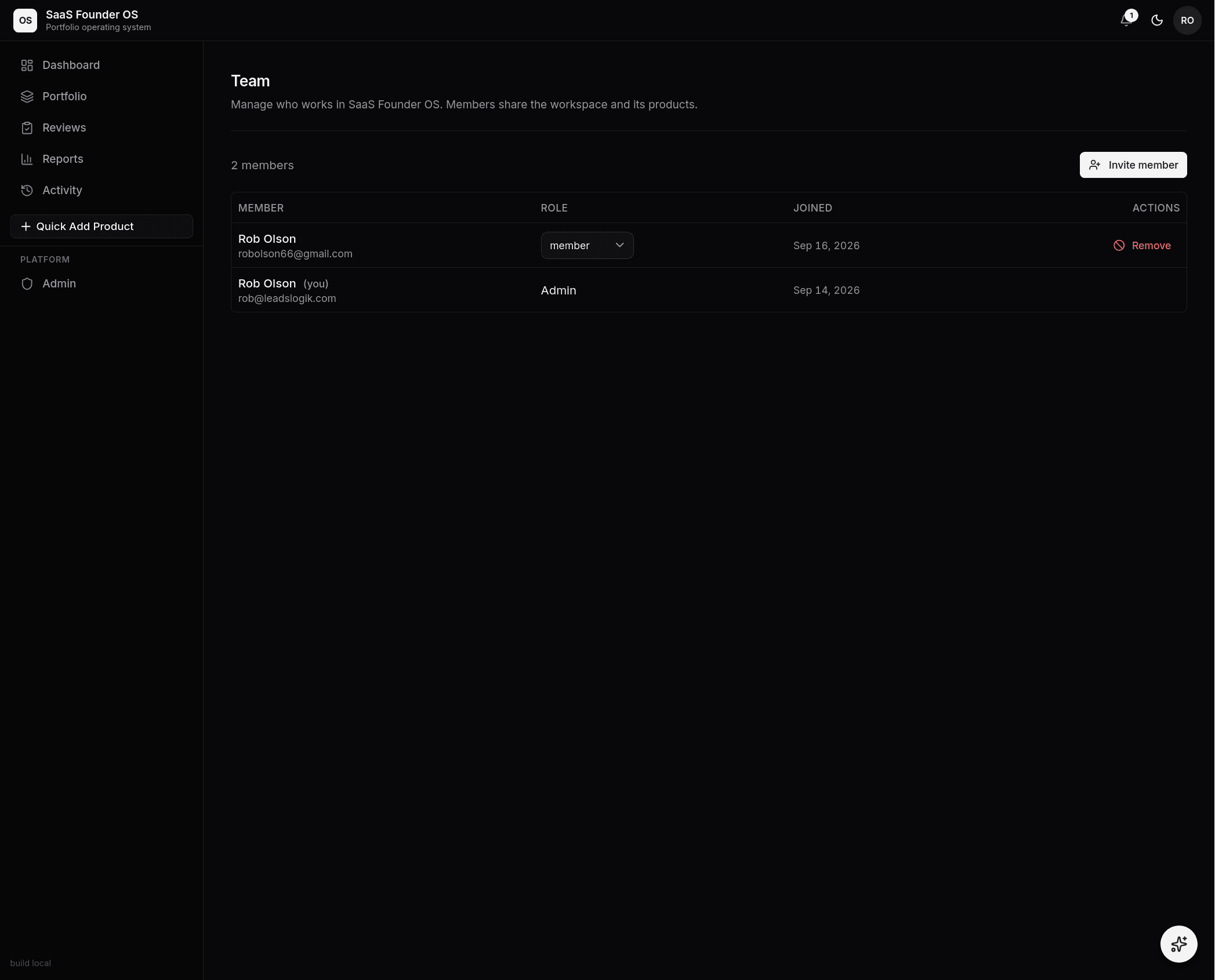 Team page with two members: the admin account and an invited member with a role selector and remove action